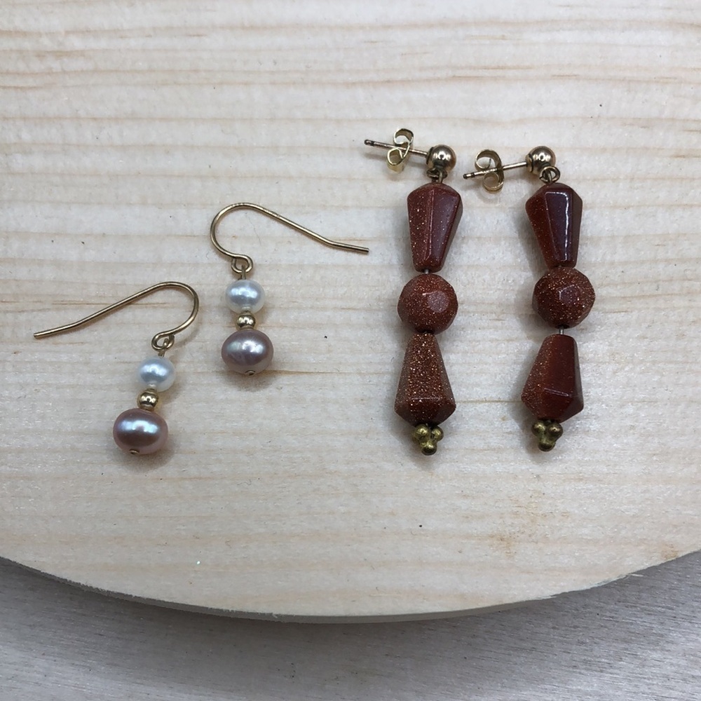 Curated bundle 14k GF Gold Filled artisan earrings pearls and goldstone.